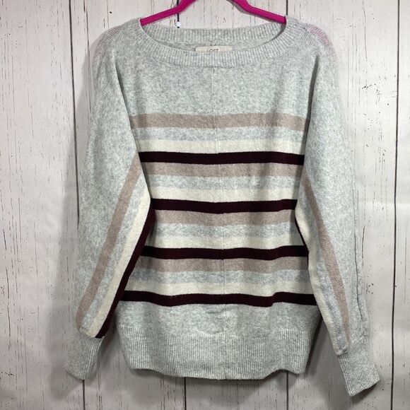 LOFT Gray Striped Crewneck Sweater Size S Cozy Minimalist Fall Knit Neutral - Picture 7 of 14